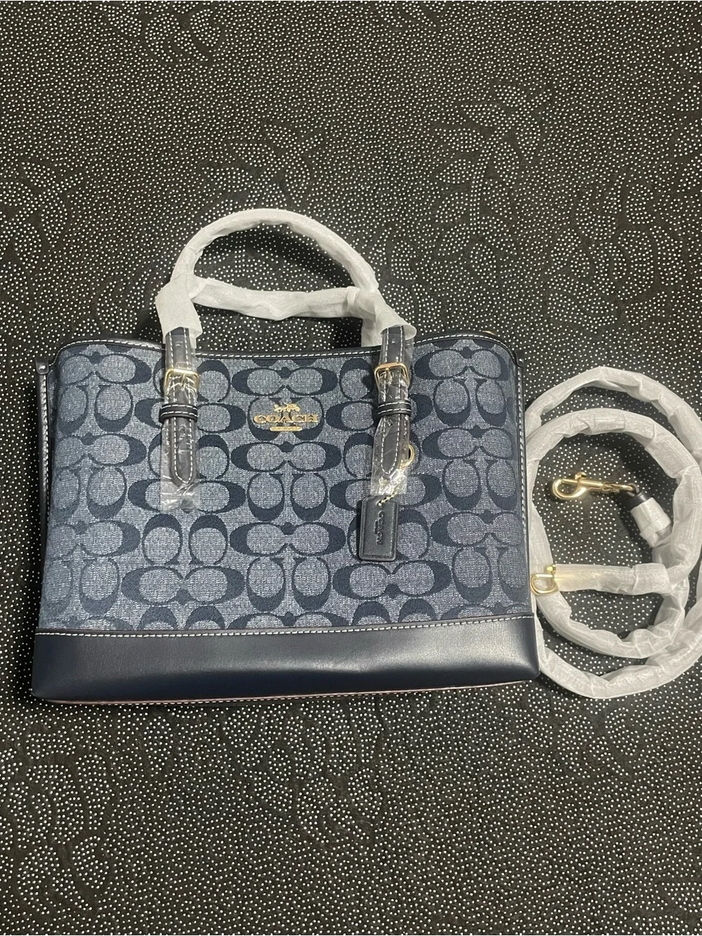 Coach Navy Signature Jacquard Small Satchel with Leather Trim